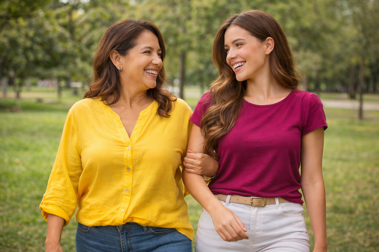 Dos mujeres sonriendo caminando juntas en un parque