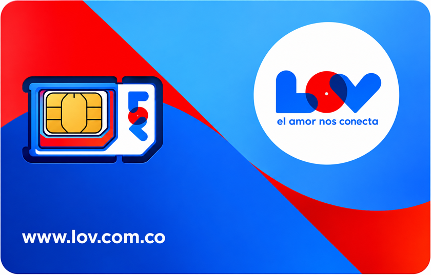 SIM card LOV con el logo y el mensaje el amor nos conecta